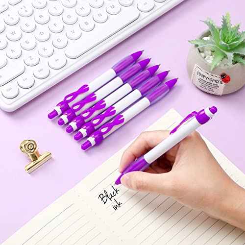 200 Pcs Purple Ribbon Retractable Pen Bulk Lupus Domestic Violence Awareness Grip Pen Black Ink Epilepsy Alzheimers Pancreatic Cancer Awareness Ballpoint Pens for Charity Events Campaign Party