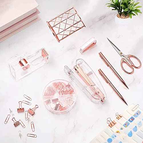 Famassi Rose Gold Desk Accessories£¬Office Supplies Set Acrylic Stapler Set Staple Remover, Tape Holder, 2 Ballpoint Pen, Scissor, Binder/Paper Clips and 1000pcs Staples.