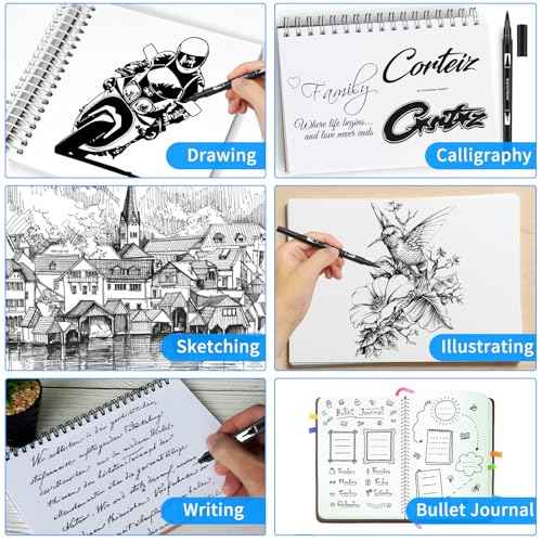 Black Drawing Pens, 12 Pack Dual Tip Brush Pens - Fine Liner & Brush Markers for Sketching, Calligraphy, Journaling - Water-Based, Quick-Drying Ink - Ideal for Artists, Adults & Kids