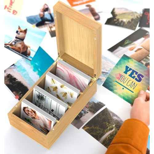 Neando Bamboo Recipe Card Organizer for 4x6 Cards ? Wooden Index Card Storage Box with Lid, 4 Compartments, 600-Card Capacity, Includes 20 Tabbed Guides ? Natural Kitchen Filing System