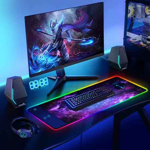 ToLuLu RGB Gaming Wireless Charging Mouse Pad, 7.5/10/15W 10 Light Modes LED Mouse Pad Computer Keyboard Mat Mousepad, 800x300x4MM Extended Large Desk Mat for MacBook, Laptop, PC, Purple Galaxy Space