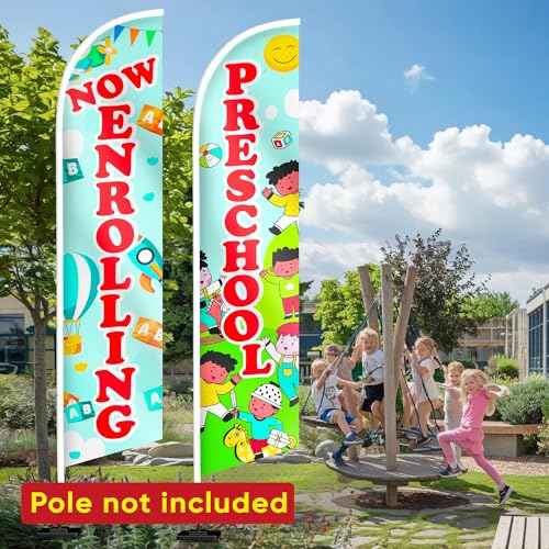 Now Enrolling Feather Banner - Preschool Swooper Flag - First Day of Preschool Flag - Pre School Sign Banner - Set of Two Advertising Flags 12ft x 2.5ft (Pole not included)