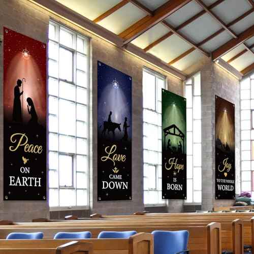 4Pcs Welcome Religious Christmas Banners for Church Sanctuary Wall - Hanging Backdrop Nativity Scene Banner Scripture - Holiday Porch Signs for School Nativity Decor