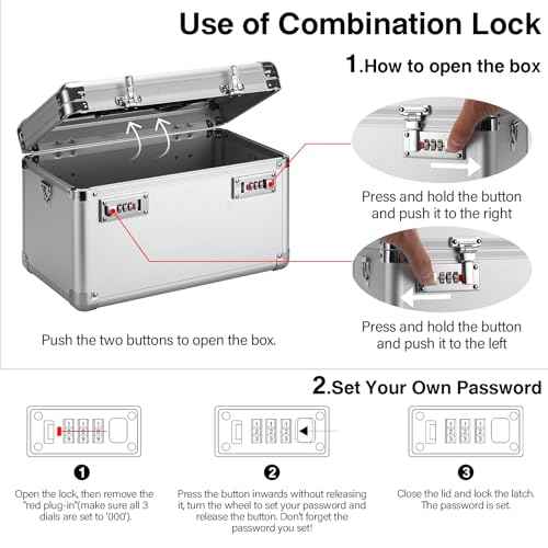 Large Lock Box - 10.2x6.7x6.9 Inch Lockable Security Storage Case with Combination Lock, Locking Medicine Box for Personal Items, Passports and Pills, Lockbox for Home Office, Silver