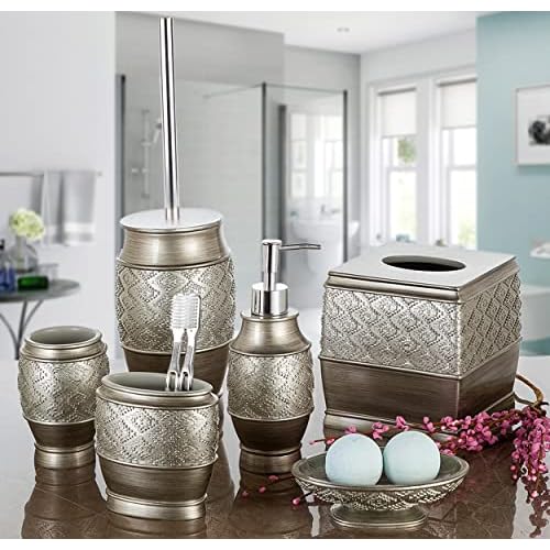 Creative Scents Dublin Silver Small Bathroom Trash Can with Lid 1.26 Gal / 4.8L - Brushed Silver Garbage Can - Decorative Waste Basket for Bathroom Decor - Durable Wastebasket for Paper/Diaper