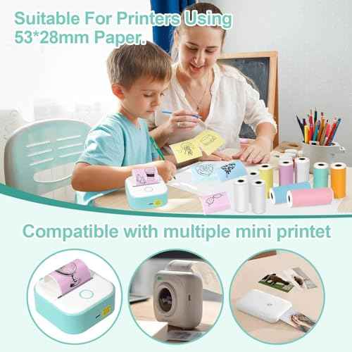15 Rolls Mini Printer Sticker Thermal Paper,Self-Adhesive Multicolor Paper 53 * 28mm Printer Paper Compatible with T02/M02 Mini Thermal Printer Study Notes, Journal Photos