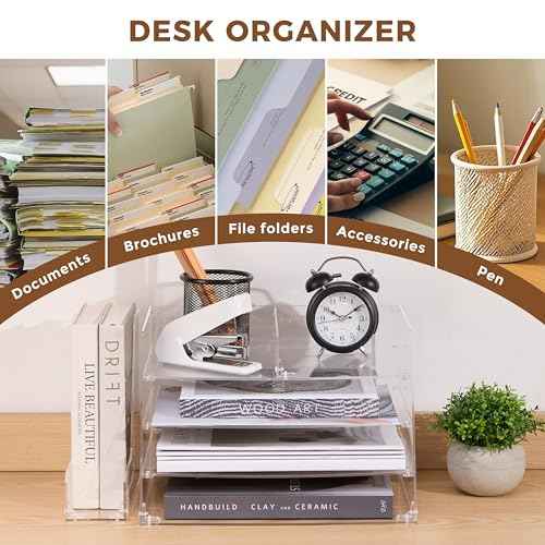 Acrylic Desk Organizer 4-Tier with Vertical File Holder ? Durable Letter Tray & Book Organizer for Home Office, Magazines, Documents & Stationery ? Sleek Modern Space Saver