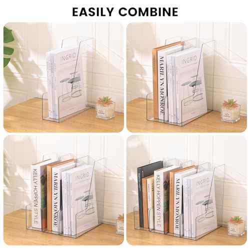 Vertical File Holder, Clear PET Desk Organizer and Storage Bins Holding for Magazines, Binders, Notebooks, Envelopes, Multi-purpose Plastic Document Organizer for Home Office, 4 pack