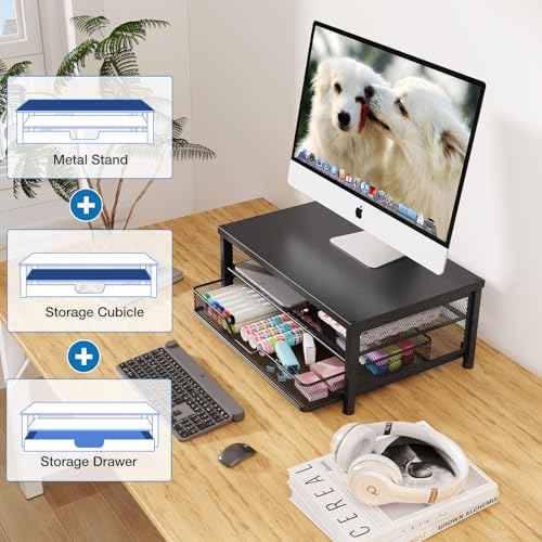 Computer Monitor Stand Riser, Desk Organizers and Accessories with Drawer, Laptop Stand, Office Desk Accessories & Workspace Desktop Organizers Storage for Office Supplies(Black)