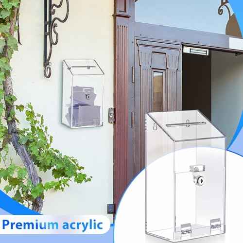 Juexica 2 Pcs Acrylic Donation Box 10.2" x 5.6" x 4" Suggestion Box with Lock and Slot Wall Mount Safe Key Drop Ballot Clear Fundraising for Home Office Vote
