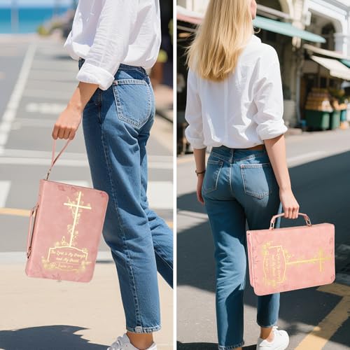 Bible Cover Case for Women£¬Large PU Leather Debossed Scripture Cover with Cross & Rose£¬Bible Accessories£¬Bible Carrying Case for Women, Girls, Gifts (Pink Gold)