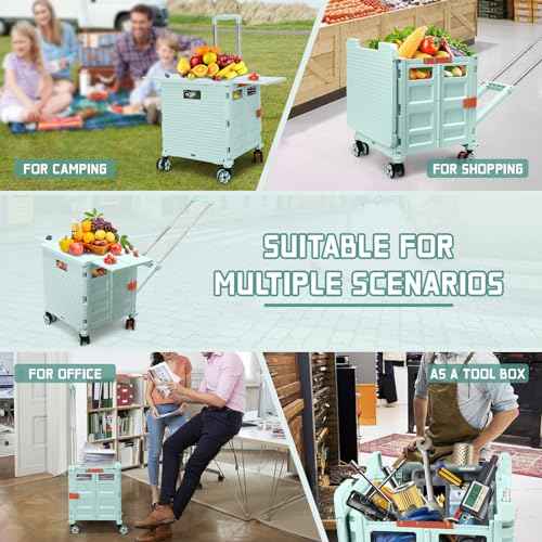 Foldable Utility Cart Collapsible Portable Crate Rolling Carts with Magnetic Lid Telescopic Handle Wear-Resistant 360¡ÆRotate Noiseless Swivel Wheel for Shopping Moving Storage Luggage Office(Green)