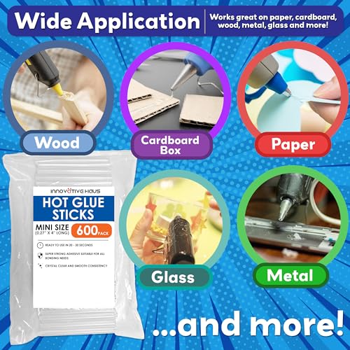 Innovative Haus Mini Hot Glue Sticks (600 Pack) - Fits Mini Glue Guns, 4" x 0.27" - Craft, Bond, Create on Wood, Metal, Glass and More - Transparent, Strong and Quick-Drying