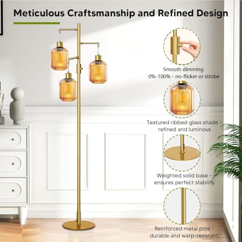 Gold Floor Lamp for Living Room, Modern Mid Century Standing Lamp with Amber Glass Shade, Dimmable Tall Tree Lamp with 3¡¿6W LED Bulbs, Tall Lamp for Bedroom Office