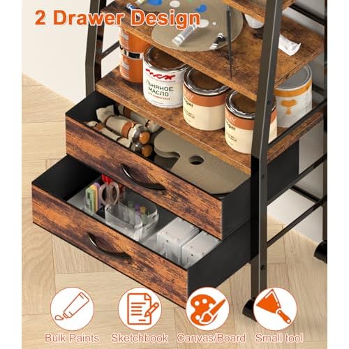 3-Tier Art Cart with Drawers & Lockable Wheels - Craft Organizer For Supplies, Brushes, Paints & Small Parts Storage, Utility Tool Art & Craft Paint Brush Holder for Home, Office (Rustic Brown)