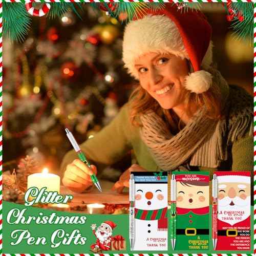 50 Sets Christmas Bulk Glitter Christmas Santa Claus Pens Novelty Snowman Elf Inspirational Pens with Thank You Cards Xmas Gifts for Employee Staff Teacher Coworker