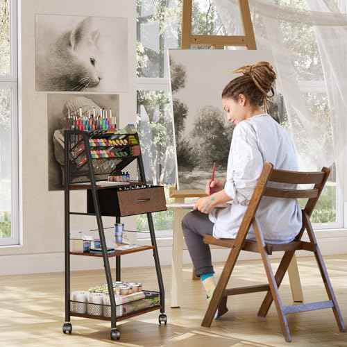 3 Tier Rolling Cart - Metal Utility Cart with Storage Drawer and Wheels, Versatile Art & Craft Organizer for Home, Office, or Studio - Ideal for Storing Brushes, Paints, and Supplies