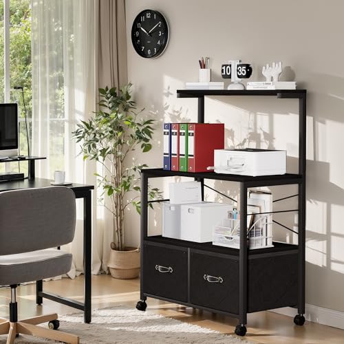 VECELO Large Printer Stand on Brakble Castors, Mobile File Cabinet with 3 Tier Shelf, 2 Drawer Lateral File-Cabinet for Filing Organization, fits Letter Size for Home Office, Black