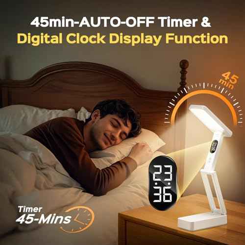 Small Desk Lamp,10000mAh Battery Operated Lamp,3 Colors+Dimmable Desk Light,LED Desk Lamp with USB Charging Port+Digital Clock+45min-Timer,Wireless & Portable Light,Desk Lamps for Home Office,Craft