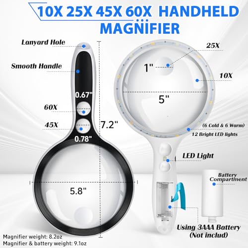 Black 5-Inch Lighted Magnifying Glass with 10X-60X Zoom & LED Illumination