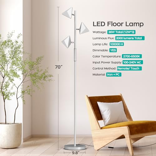LED Tree Floor Lamp, 36W Dimmable Tall Standing Lamp with Remote & Touch Control, 2700K-6500K 4 Color Temperatures, 3 Rotatable LED Lights Floor Lamps for Living Room, Bedroom, Office - Silver
