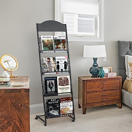 18.9''W Floor-Standing Magazine Display Rack, Rolling Journals, Brochure & Newspaper Stand, Literature Holder for Trade Shows, Exhibitions, & Offices, Black