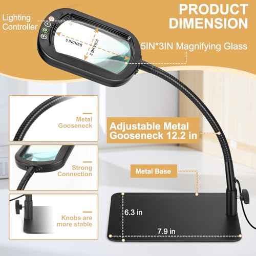 Veemagni 10X Rectangle Magnifying Glass with Light and Stand, Flexible Gooseneck LED Lighted Desk Lamp, 5 Color Modes Stepless Dimmable, Hands Free Magnifier for Reading Crafts Painting Close Work