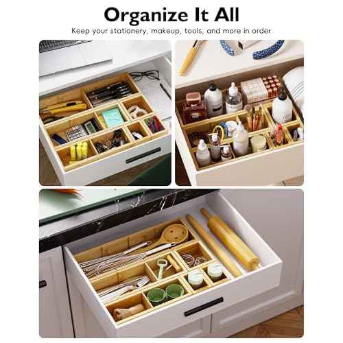 12-Piece Bamboo Desk Drawer Organizer Tray ? Adjustable Storage Boxes with 24 Adjustable Compartments for Office Drawer, Jewelry, Vanity & Desk Accessories
