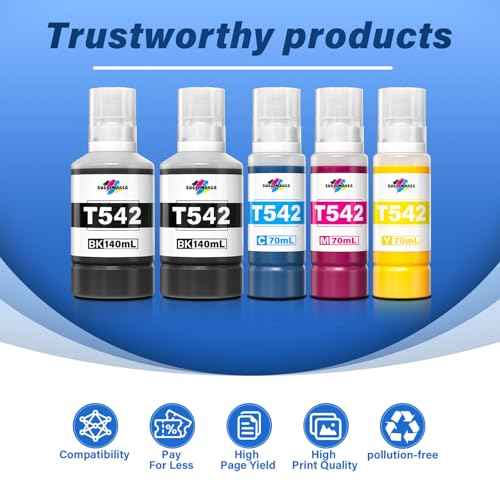542 Ink Refill Bottles Compatible for Epson Ecotank ET-5850 ET-5150 ET-5800 ET-5170 ET-5880 ET-5180 ET-16600 ET-16650 ST-C5000 Printers, Compatible for Epson 542 Ink Refill Bottles Pigment (5 Packs)