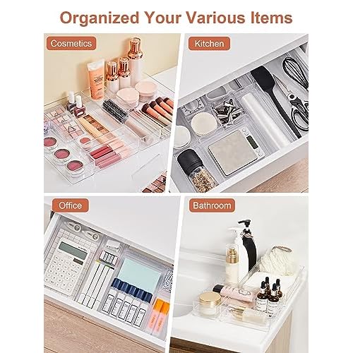 SMARTAKE 30-Piece Drawer Organizer with Non-Slip Silicone Pads, 7-Size Desk Drawer Organizer Trays Storage Tray for Makeup, Jewelries, Utensils in Bedroom Dresser, Office and Kitchen (Clear)
