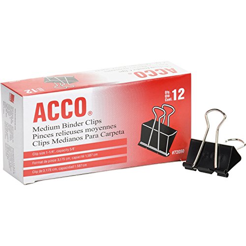 ACCO Binder Clips, Medium, Black, 12 Clips per Box, 2 Boxes (72062) – Reusable Steel Office Clips