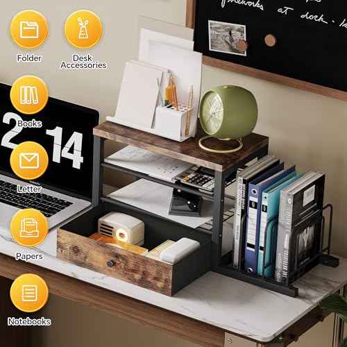 Wood Desk Organizer with Drawers, Desk File Organizer with 3 Vertical File Holders, File Shelf,Storage for Mail, Supplies,Classroom Organization