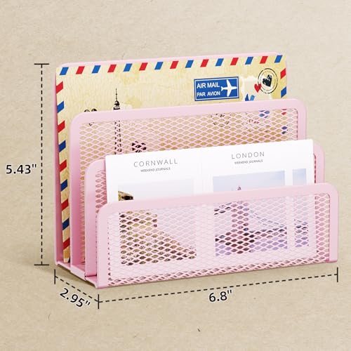 Pink Desk Mail Organizer with 3 Mesh Slots - Office Letter & Document Holder
