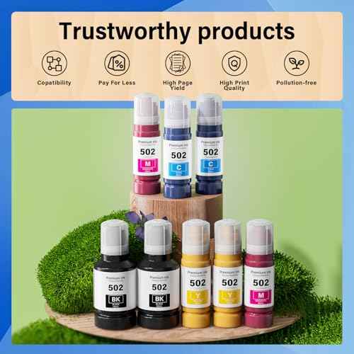 502 Ink Refill Bottles (NotSublimation) for Ecotank ET-4850 ET-3850 ET-2850 ET-3760 ET-2980 ET-2988 ET-4760 ET-2760 ET-15000 ET-2750 ET-3750 ET-3830 ET-4750 3950 4950 Printer, T502 Ink Combo 8 Packs