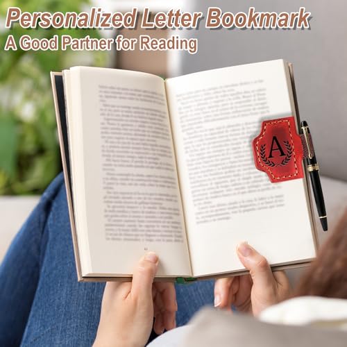 Bygone Mark Bookmark with Pen Holder, 26 Letters Name Initial Personalized Magnetic Bookmarks, Leather Book Mark for Men Women, Travelers Accessories, Teachers Readers Book Lovers Gifts (Red, A)
