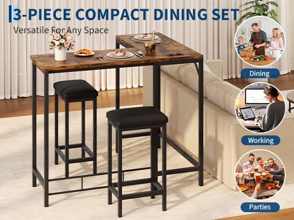 Garvee Rustic 63'' L-Shaped Bar Table 2 Stools Set with Built-in Outlets - Left/Right/Straight Convertible