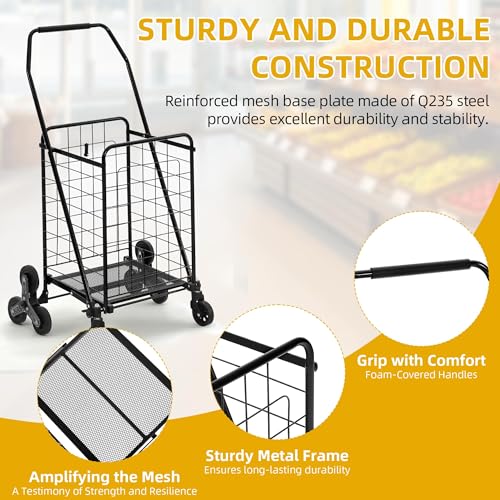DWVO Folding Stair Climber Shopping Cart, Tri-Wheel Design & 360¡Æ Swivel Wheels, Ideal Heavy Duty Utility Cart for Shopping, Laundry, Travel & Stairs for Seniors