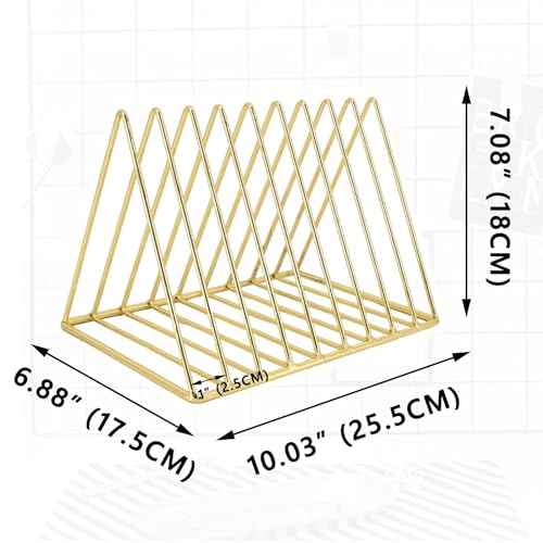 2 PCS Desktop Triangle Book Magazine Holder, Iron Metal Book Stand File Organizer Folder Holder for Office, 9 Slots Gold Classified Storage Rack, Record Display Rack for Home Decoration