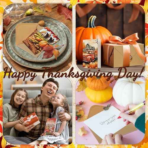 Tenceur 240 Sets Thanksgiving Cards with Envelopes Set Turkey Maple Leaf Happy Thanksgiving Greeting Card Bulk Happy Holiday Postcards for Fall Season Gift Autumn Party Favors, 24 Designs