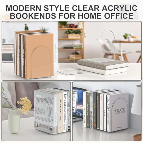 ALOTCHE 4 Pieces Acrylic Bookends - Clear Book Ends for Shelves & Office