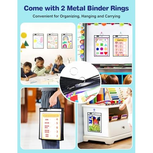 SUNEE 50 Packs Oversized Reusable Dry Erase Pocket Sleeves with 3 Rings, Black 10x14 Ticket Holders, Clear Plastic Sheet Protectors, Teacher School Classroom Supplies