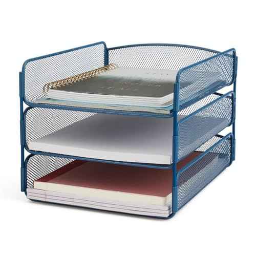 Safco Onyx Mesh 3 Tray Desktop Organizer 3271BU, Blue Powder Coat Finish, Durable Steel Mesh Construction