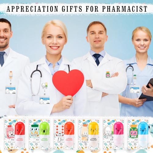 50 Sets Pharmacy Technician Accessories Gift Pharmacy Badge Reel Pill Shaped Pens Inspirational Appreciation Card Pharma Funny Gifts for Nurse Practitioner Week Medical Assistant Doctor