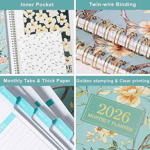 2026 Monthly Planner - 2026 Planner with Tabs, Monthly Planner/Calendar 2026, Jan. 2026 - Dec. 2026, 9" x 11", Strong Gold Twin-wire Binding, Back Pocket, Note Pages - Floral