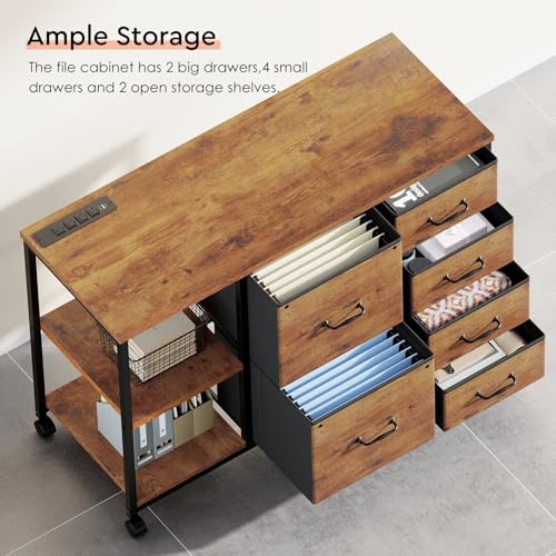 Maihail Rustic Brown 6-Drawer File Cabinet with Charging Station and Open Shelf