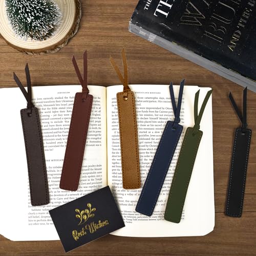 Leather Bookmark, 6 Pcs Classic Style Bookmark for Men, 0.05 Inches Thin Handmade Stitched Book Mark, Book Marks for Reading, Gifts for Book Lovers School Students (Dark Retro)