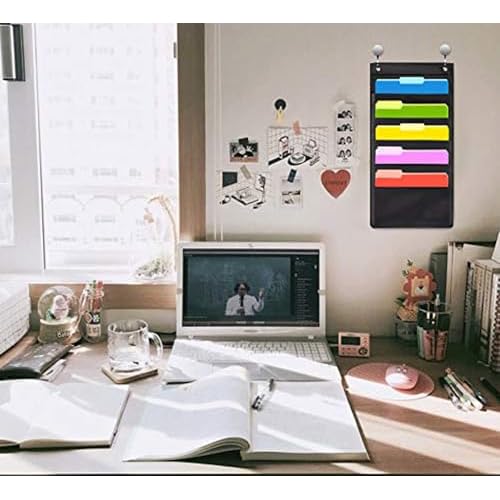 Hanging Wall File Organizer, 5 Pocket, Black Wall Storage Pocket Charts with 2 Hangers, Oxford Cloth Storage Pocket, Over The Door File Organizer, Great for Classroom, Home or Office Use (5 Pocket)