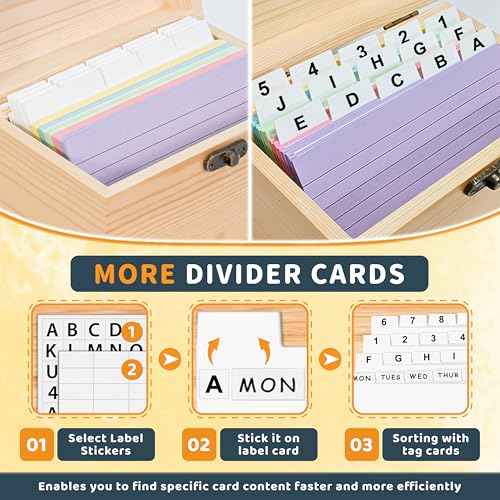 MOBYKE Index Card Holder 3x5, 100 Pcs Heavy-Duty Index Card Business Card Organizer Wooden Recipe Box with Dividers Flash Card Holder with 30 White Dividers, 1 Blank Sticker and 1 Letter Sticker