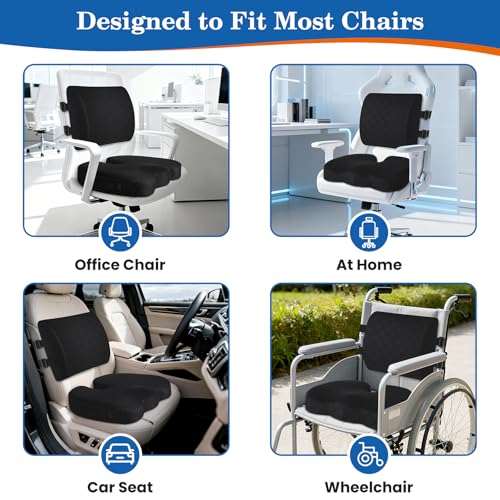TushGuard Back&Seat Cushion, Car Seat Office Chair Cushions, Breathable Memory Foam Lumbar Back Support Pillow, Portable Airplane Seat Cushion for Travel, Computer Desk, Wheelchair, Driving (Black)