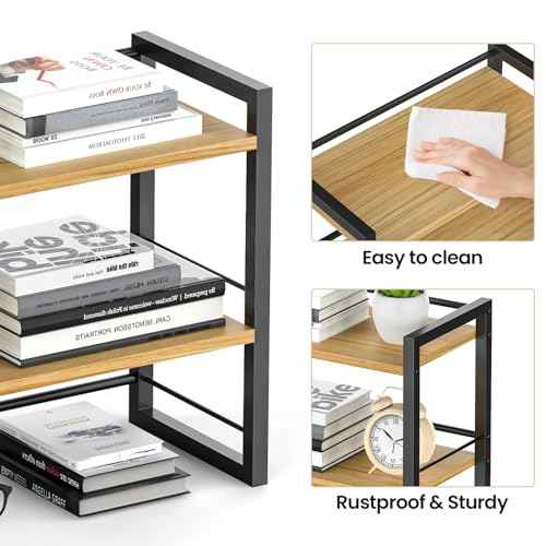 Office Desk Shelf Organizer, Wood Desktop Bookshelf Supplies Storage Rack, Shelf for Top of Desk and Dresser (Black-2 Tier)
